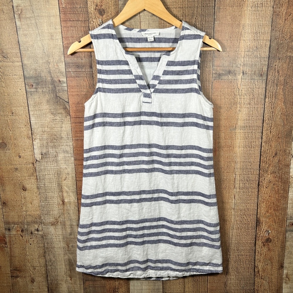 BeachLunchLounge Blue White Striped Linen Shift Dress XS Coastal Summer Nautical
